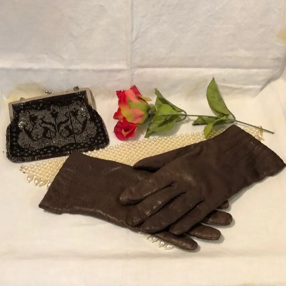 Vintage Faux Leather Ladies Driving Gloves Brown
